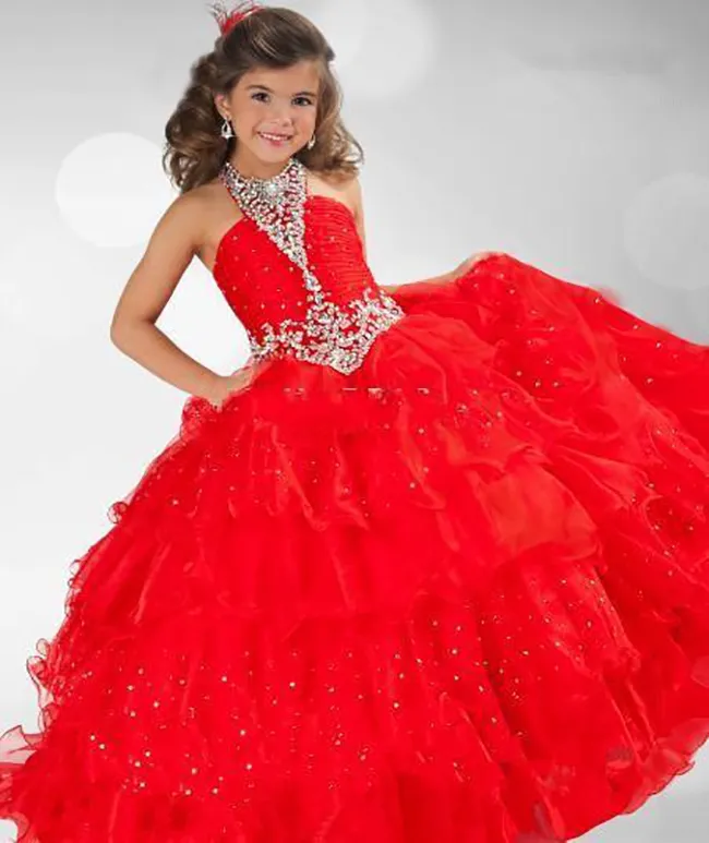 Cute Red Multi Layered Little Girl Party Ball Gowns Halter Beaded Pageant Dresses Halloween Costumes Kids Formal Wear