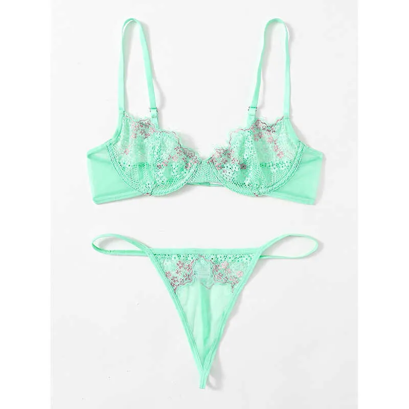 Ellolace Mint Green Floral Lingerie Set Underwire Bra And Thong