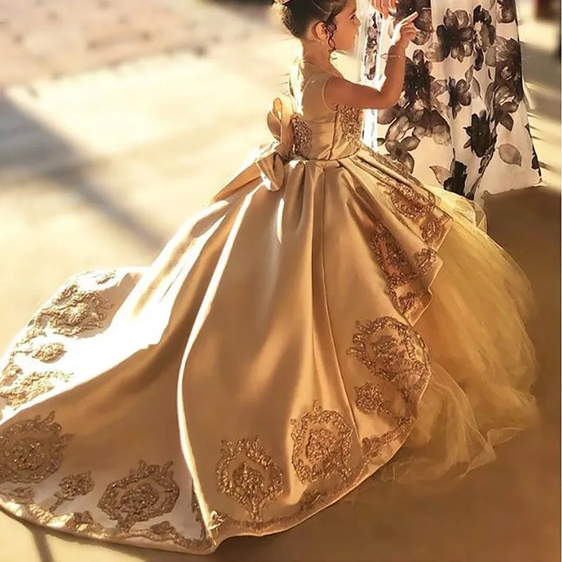 Girl's Dresses Luxury Golden Flower Girl Dress Ball Gown Lace Appliques Kids Pageant Party Elegant First Gommunion For Little Kid