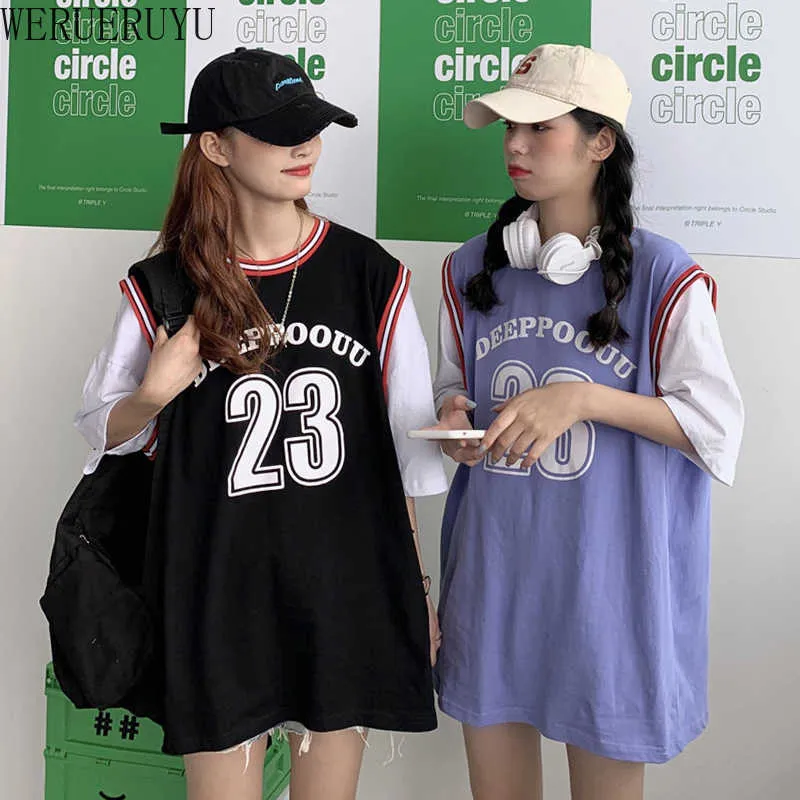 WERUERUYU Loose Mid-length Casual Sports Basketball Uniforms Fake Two-piece Short-sleeved T-shirt Student Top 210608