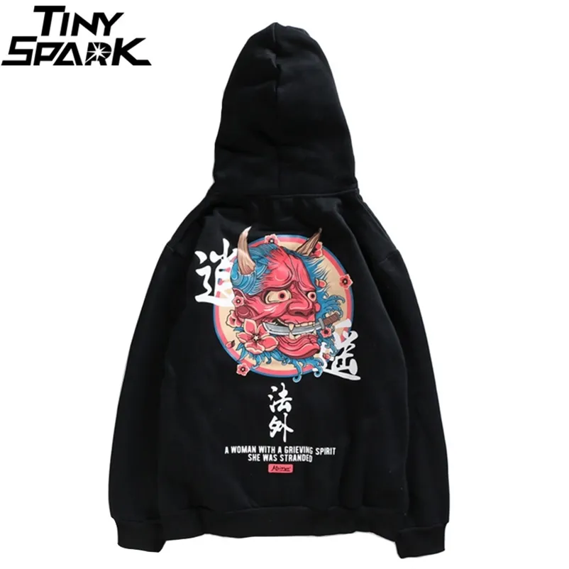Hip hop mens hoodie sweatshirt spöke kinesisk karaktär print hajuku hoodie streetwear höst avslappnad svart pullover bomull 210720