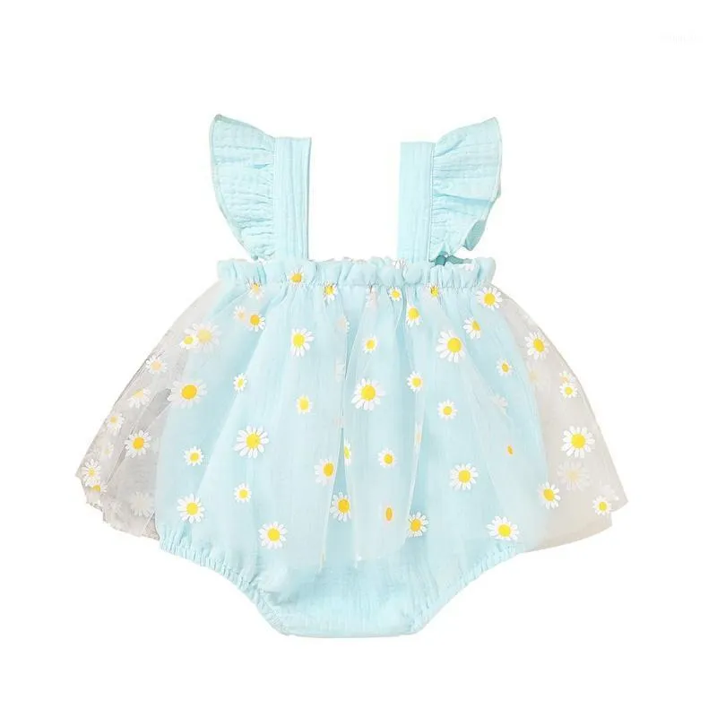 Summer Baby Casual Romper Set Infant Girl Flare Sleeve Daisy Print Bodysuit Netto Dress + Headband Kombinezon lub 0-18m Toddler Ki Odzież