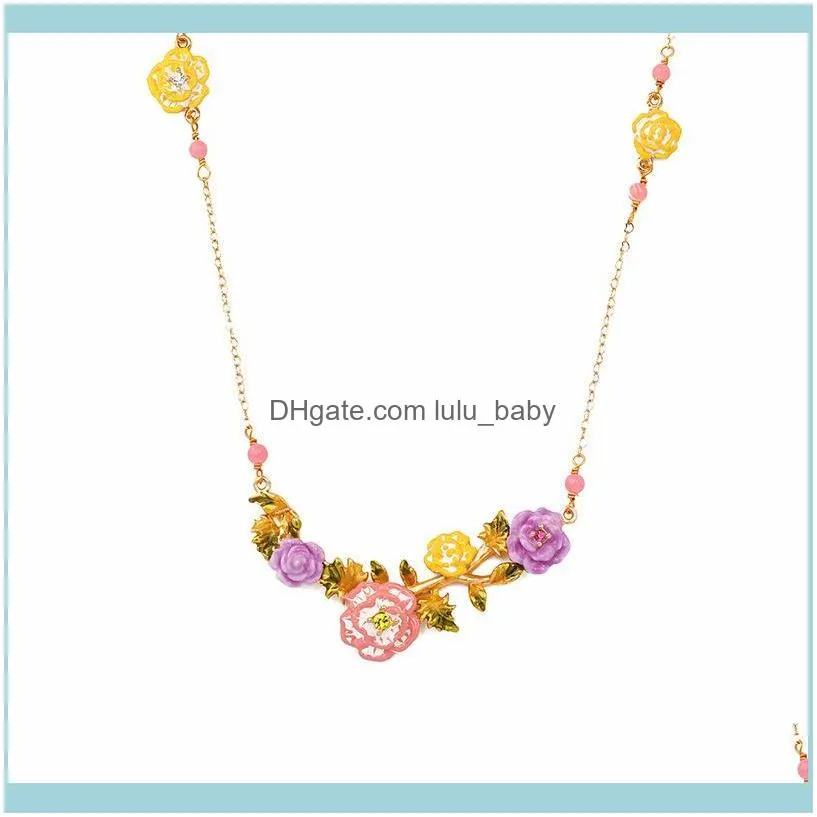 Pendant Necklaces European And American Style Pink Flower Women`s Necklace Jewelry Hand-painted Enamel Glaze Fine Clavicle Chain