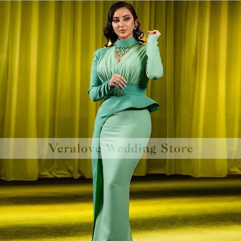 Green Mermaid Suknie Wieczorowe Wysokiej szyi Plus Size Koraliki Kryształowe Długie Rękawy Formalna Suknia Kobiety Aso Ebi Sum Party Wears