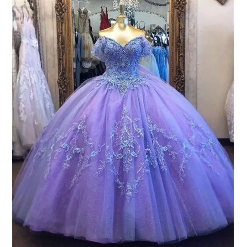 Off Shoulder Quinceanera Dresses Ball Gown Purple Tulle Sweet 16 Puffy Prom Dress Vestido de Fiesta