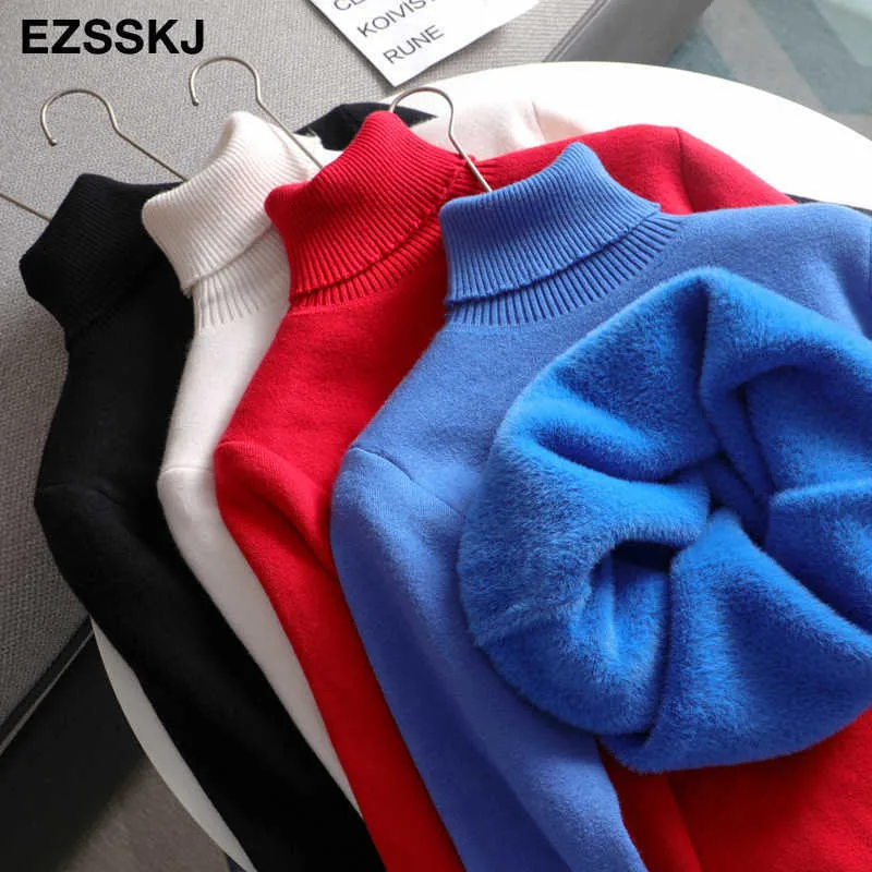 2021 herbst winter pelz grund warme samt Pullover Pullover Frauen weibliche high-neck Fleece pullover dicken Rollkragen Knit Jumper x0721