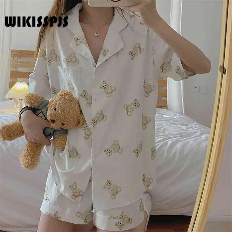 Wikisspjs Pyjama mignon manches courtes Kawaii deux pièces ensemble d'été Loungewear Sleep Tops Bear Cub Cartoon PJS JP (Origine) 210809