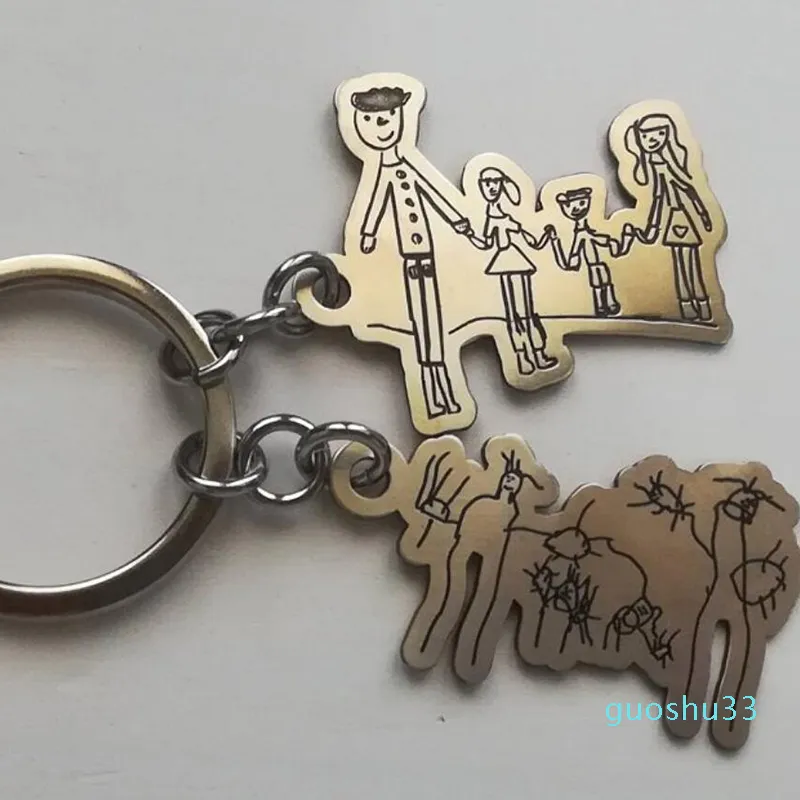 Custom Children's Drawing Stainless Steel Keychains Kid's Keyring Child Artwork Personalized Necklace Custom Design Name Gifts