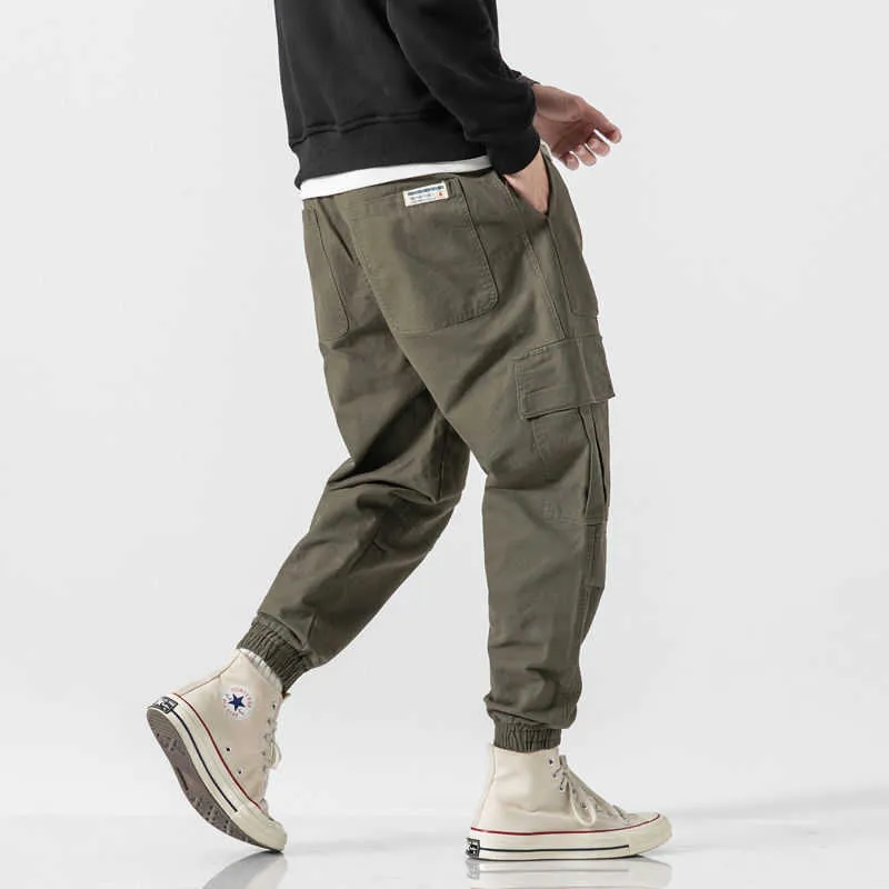 Cargo Pants Men Streetwear Hip hop Mens Joggers Casual Harem Ankle length Trousers Elastic waist Black Army green Y0811