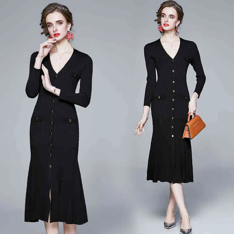 Moda Tasarımcısı Kadınlar Sonbahar Kış Zarif Kazak Elbise Kadın Örme Parti Robe Lady Siyah Rahat Midi Elbiseler Vestidos 210525