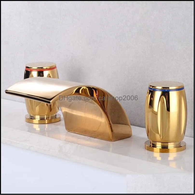 Bathroom Sink Faucets Golden Solid Brass And Cold Three Holes Basin Split Faucet Brushed Nickel Waterfall Tap