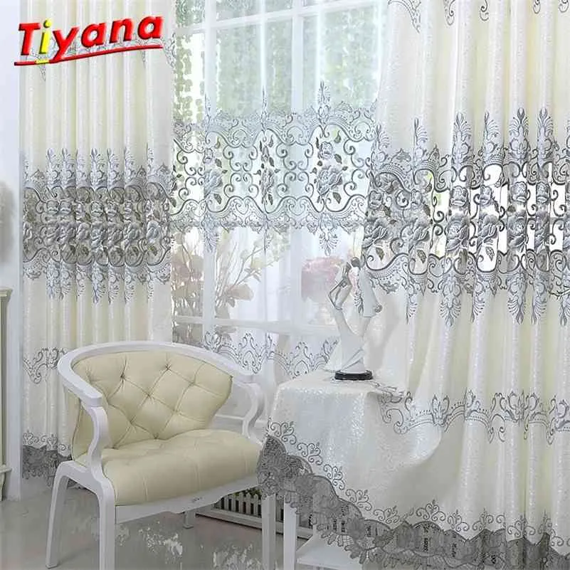 Zasłony w salonie Luksusowa szara kurtyna z haftem do sypialni okno Salon Sheer Tulle Curtain WP147 * WS 210712