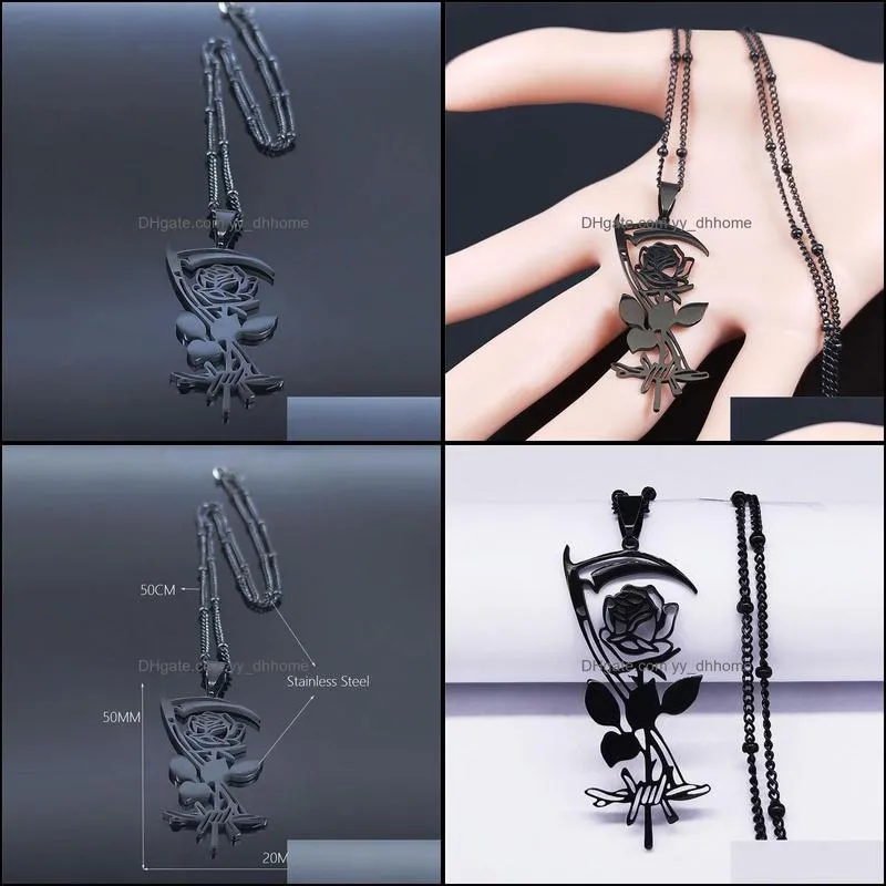 Fashion Goth Sickle Rose Stainless Steel Charm Necklaces For Women Black Color Jewelry Colier Femme N4420S02 Pendant