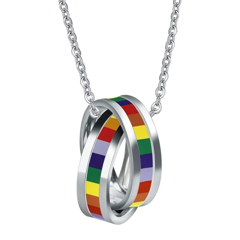 Mäns Kvinnor Rostfritt Stål Hängsmycke Halsband Rainbow Gay Lesbisk LGBT Pride Flag Homosexual Double Cross Ring