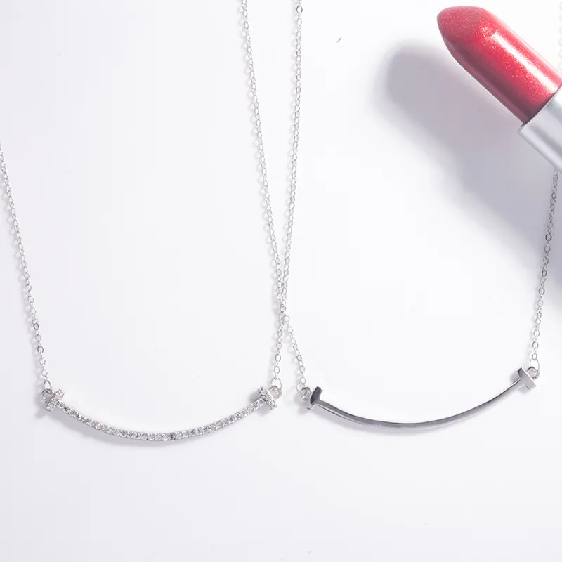 Frauen 925 Silber Halskette Lover Smile Charms Anhänger Kristall Halsketten Trendy T Model geformt
