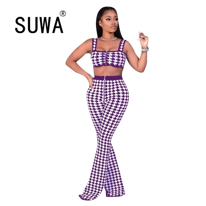 Arrival Summer Women Sets Clothes Plaid Spaghetti Strap Crop Top High Waist Flare Leg Pants Sexy Club 2 Pieces Outfits 210525