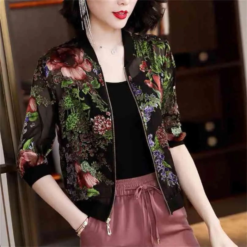 Verão Chiffon Lace Print Jacket Mulheres Manga Longa Solta Bomber Senhora Tops Feminino Preto Plus Size Roupas 210922