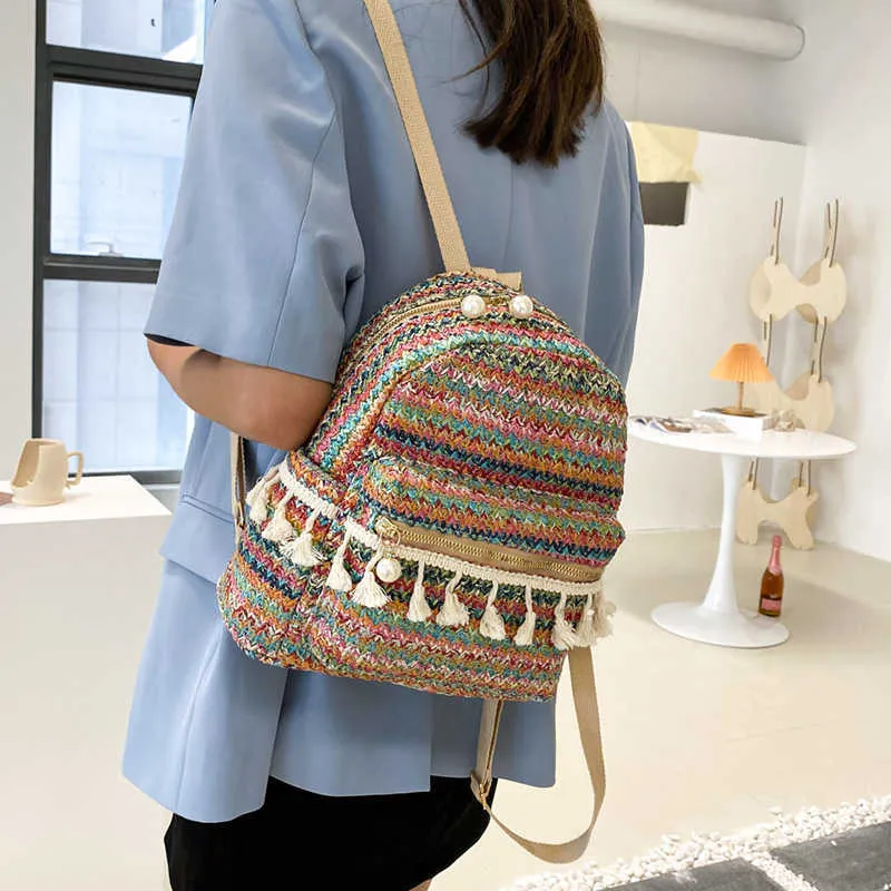 New summer straw woven backpack for women Fashionable retro tassel decoration leisure backpack Pastoral style women's shoulder Y0804