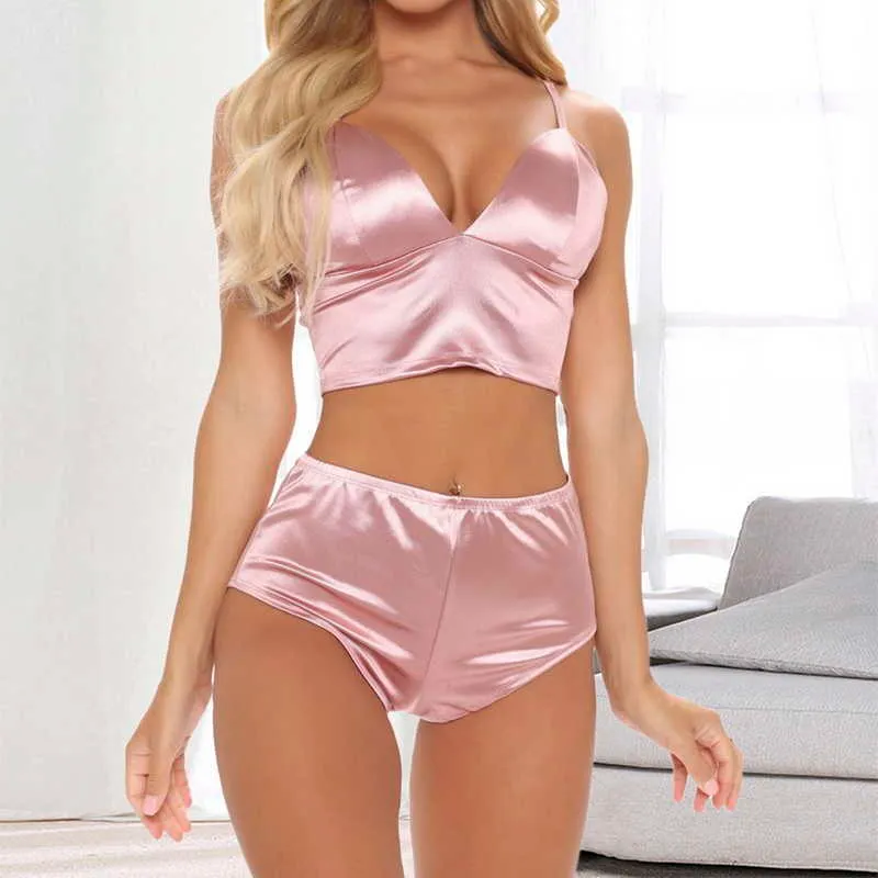 Women's Sleepwear Sexy Satin Pajama Set V-Neck Pyjamas Sleeveless Cami Top and Lotus Leaf Edge Comfortable Shorts Two Piece Sets Q0706