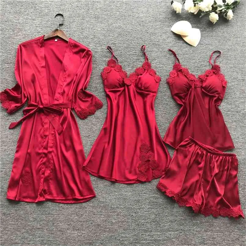 15Style Women Sleepwear Home Wear Lace Solid Long Sleeve Silk Embroidery Satin Clothing Sleeveless Nightwear Pajama Sets 210809