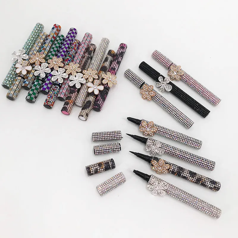 Ny blomma rhinestones diamant eyeliner svart ögonfodral självhäftande vattentäta kosmetiska inga blomstrande sminkverktyg