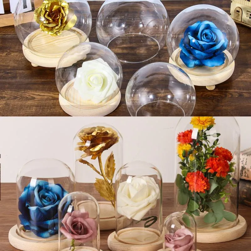 Andere Home Decor 1 stks Sferisch Glas Cloche Jar Display Stand Cover Terrarium Fles met houten base Acryl stof Box Bloem