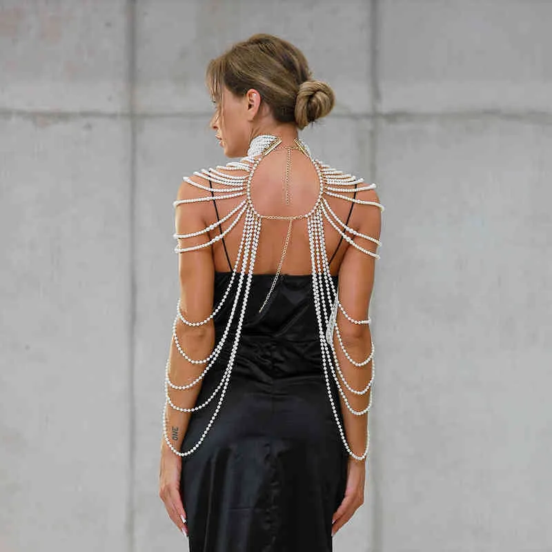 Women Pearl Shawl Necklaces Body Chain Sexy Beaded Collar Shoulder Pearl Bra Top Sweater Chain Wedding Dress Body Jewelry 2024