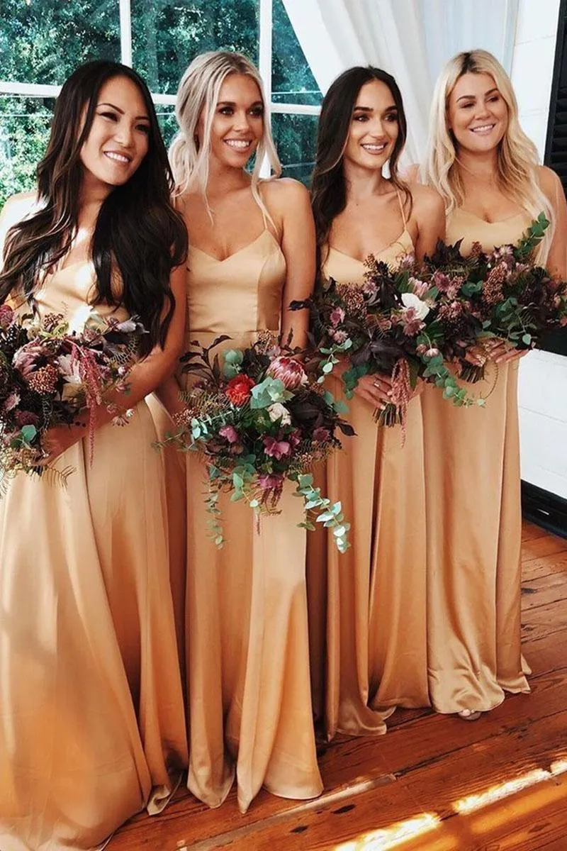 2021 Goedkope champagne bruidsmeisje jurken spaghetti riemen elastische satijnen vloer lengte op maat gemaakte bruidsmeisje jurk strand bruiloft gastkleding