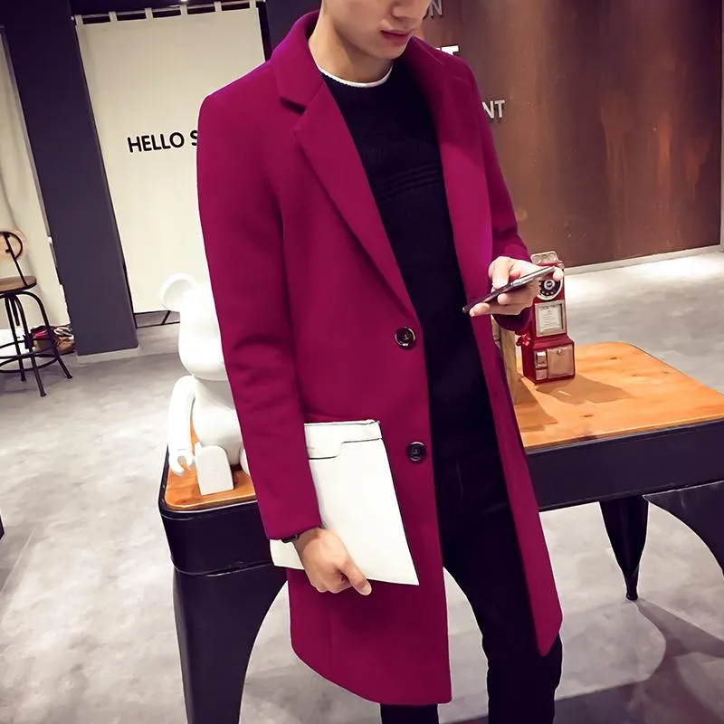 Men's Wool & Blends Winter Men Cashmere Overcoat Single Breasted Slim Coat Solid Thick Casual Trench Pea For Navy Mens Gothic Clothing T194