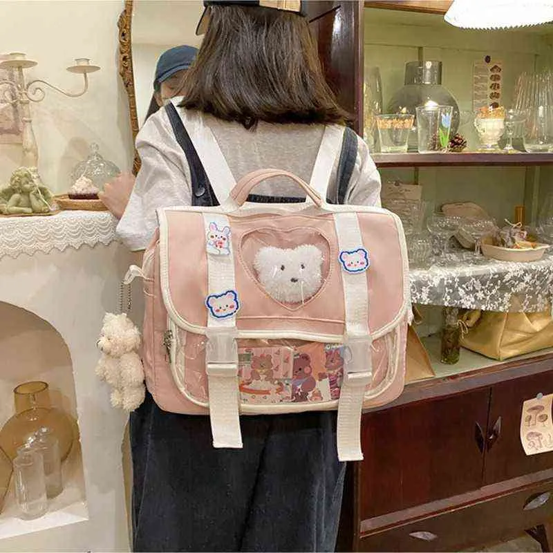 Vrouwen kawaii rugzak voor school met duidelijke pocket japanse harajuku meisjes schoudertas schattig kawaii hart ita tas anime y1105