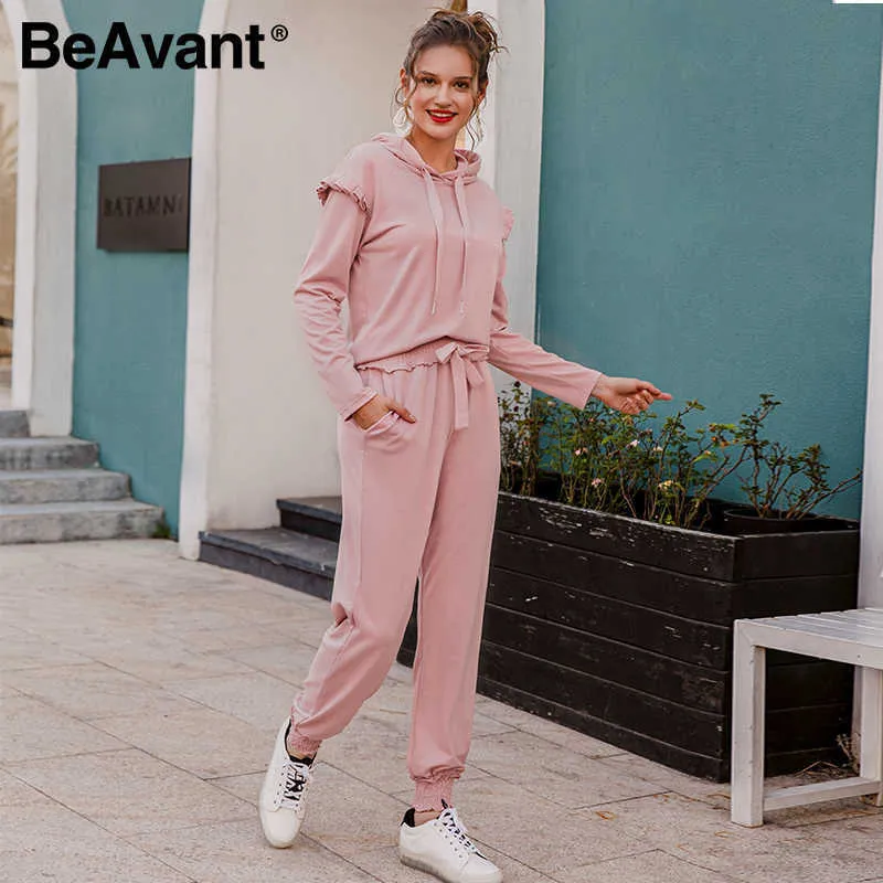 Beavant Eleganckie Solidne damskie Kombinezony Wzburzyć Rękaw Kapturem Kołnierz Jesień Zima Kombinezon Romper Streetwear Ladies Pocket Overal 210709