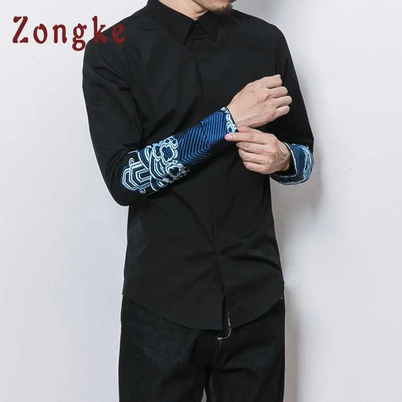 Zongke estilo chino bordado hombres camisa de manga larga Casual Slim Fit Streetwear hombre ropa 210721