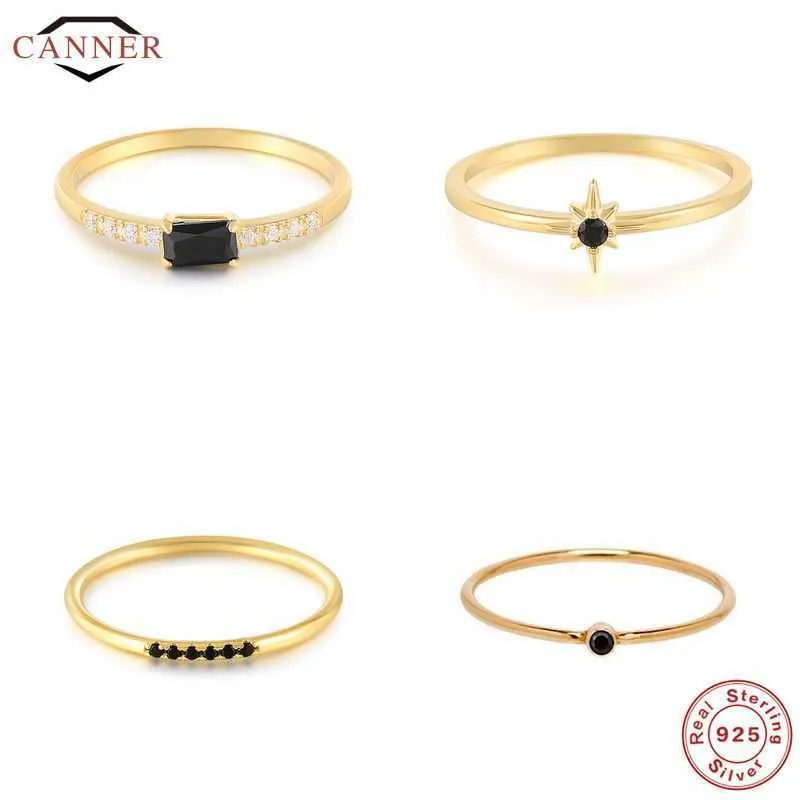CANNER 925 Sterling Silver Rings for Women Cute Snake Round Ring Black Zircon Gold Color Fine Jewelry Minimalist Gift anillos X0715