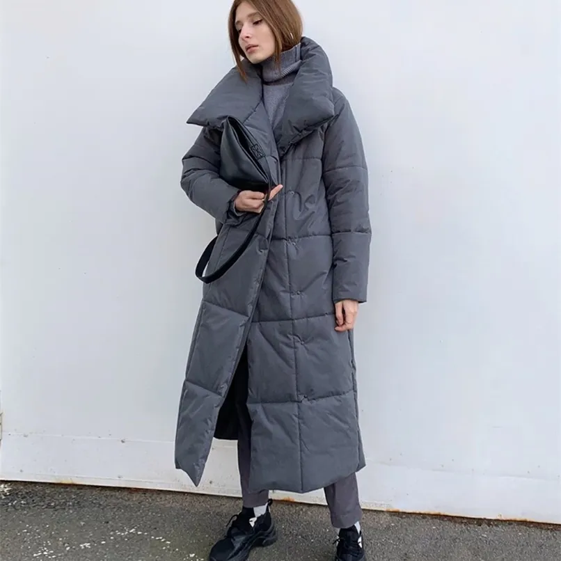 WOTWOY Winter Thickening X-Long Parka Wide-Waisted Loose Cotton Padded Jackets Female Green Grey Sashes Warm Windbreaker 210913