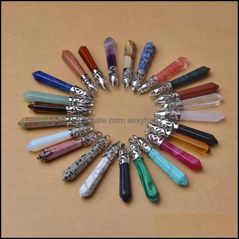 24PC Mixed Natural Gems Stones Long Hexagonal Pointed Healing Reiki Chakra Pendant Charm Beads Necklace Pendant wholesale