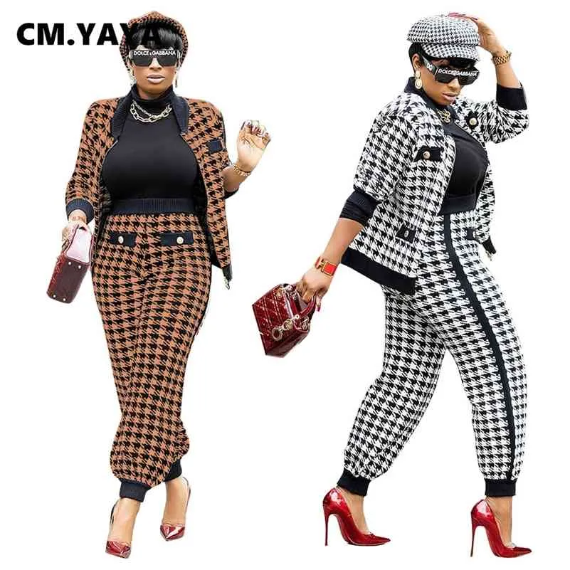 CM.YAYA Houndstooth Patchwork Two 2 Piece Set for Women Vintage Fitness Outfits Jacket + Pants Set Streetwear Tracksuit 210709