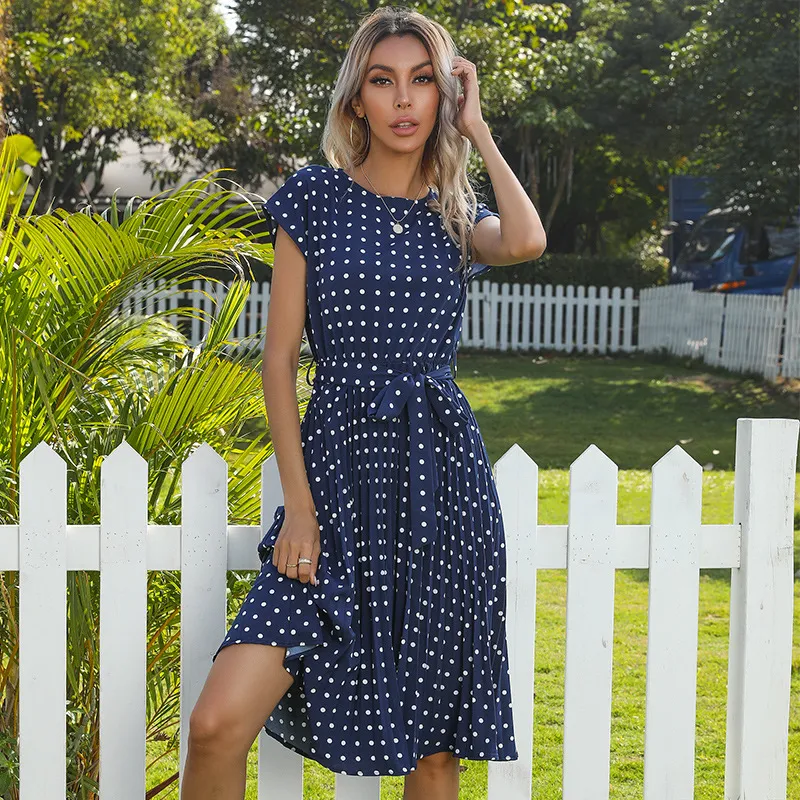 Summer Women Dress Mid Length Polka Dot Round Neck Short Sleeved
