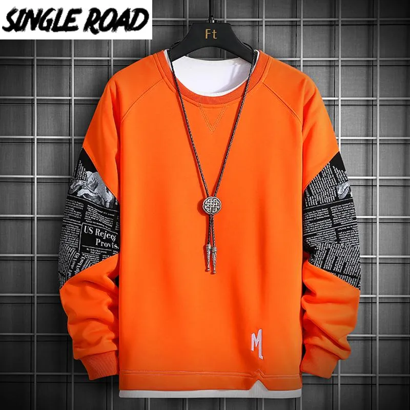 الرجال هوديس بلوزات singleroad crewneck البلوز الرجال 2021 البرتقال المرقعة المتضخم اليابانية الشارع الشهير الهيب هوب هوديي