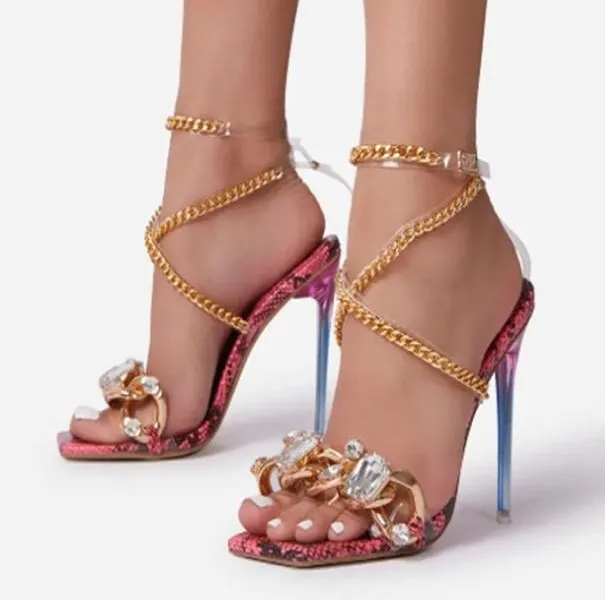 Woemn Summer Stilettos Drills Chains Square Ladies Sandals Big Size