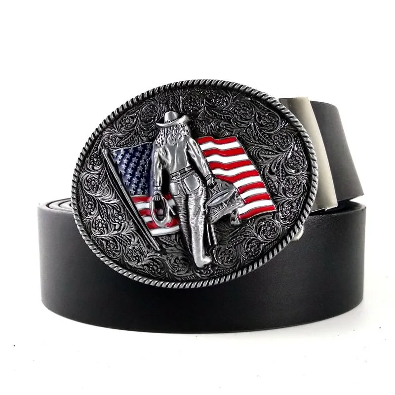 Cintos masculinos vintage de alta qualidade preto couro sintético com bandeira americana Western Country clipe de caubói fivela de metal para homens jeans