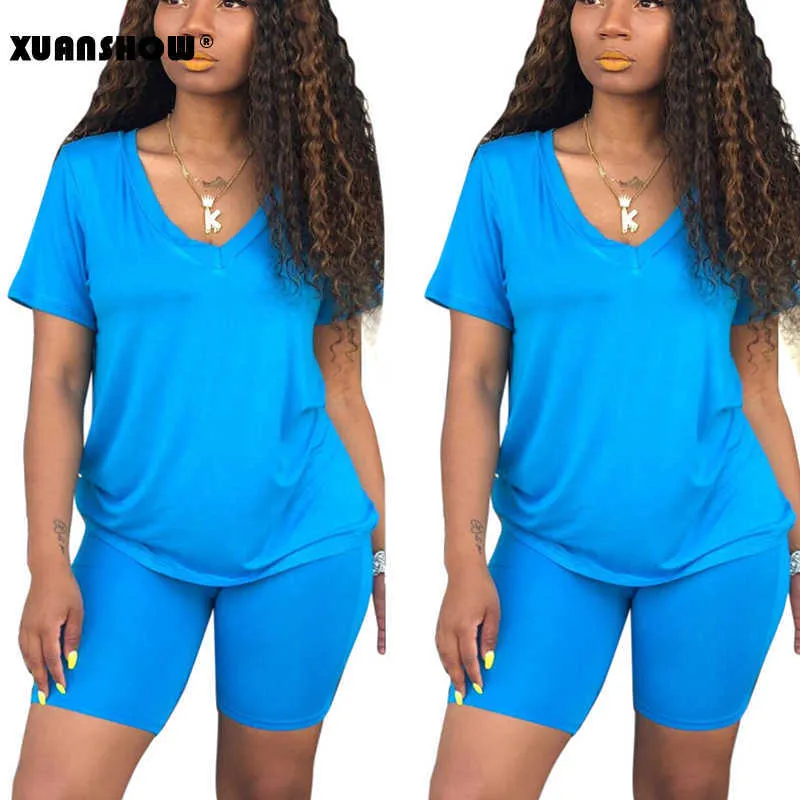 Xuanshow Jogging V-neck Short Sleeved Regular Tshirt with Straight Tight Shorts Solid Color Knitted 2 Piece Set Ropa De Mujer Y0719