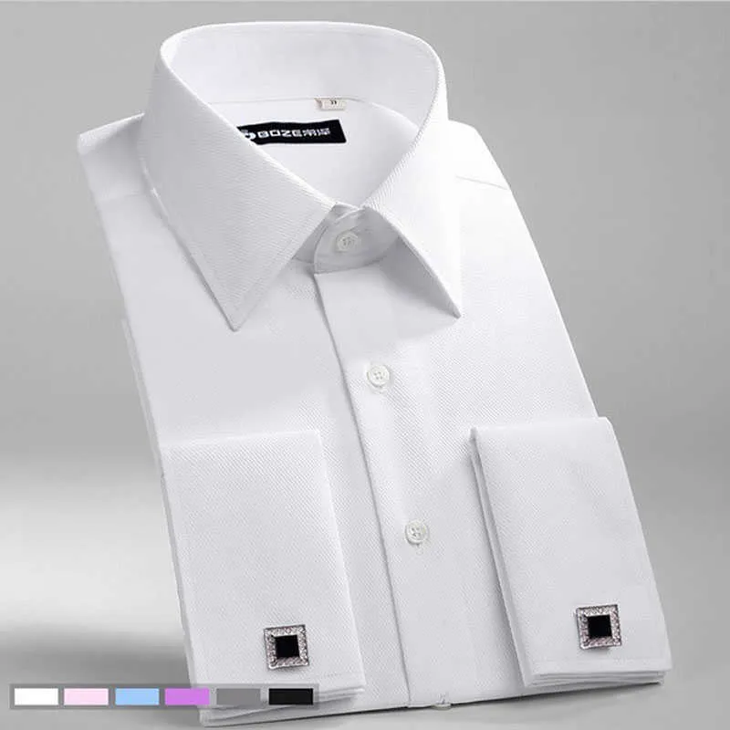 Homens Slim Fit French Cufflinks Camisa Não Ferro de Manga Longa Algodão Masculino Smoking Camisa Formal Mens Vestido Camisas com algemas francesas P0812