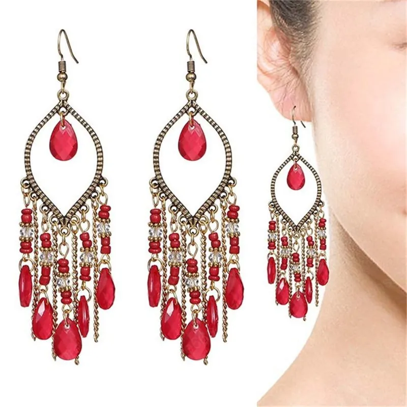 New antique gold-plated long tassel earrings women retro water drop bohemian chain earrings