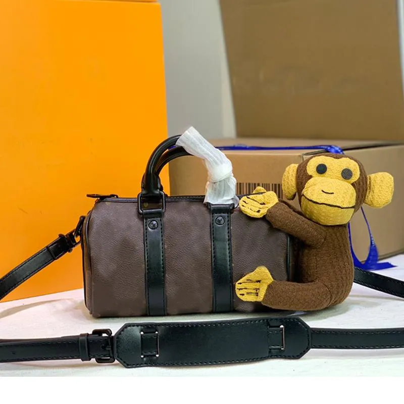 المرأة حقيبة الكتف محفظة حقيبة يد جودة عالية الكلاسيكية إلكتروني طباعة الأزياء القرد دمية قماش أسود جلد طبيعي سستة انفصال حزام 886999