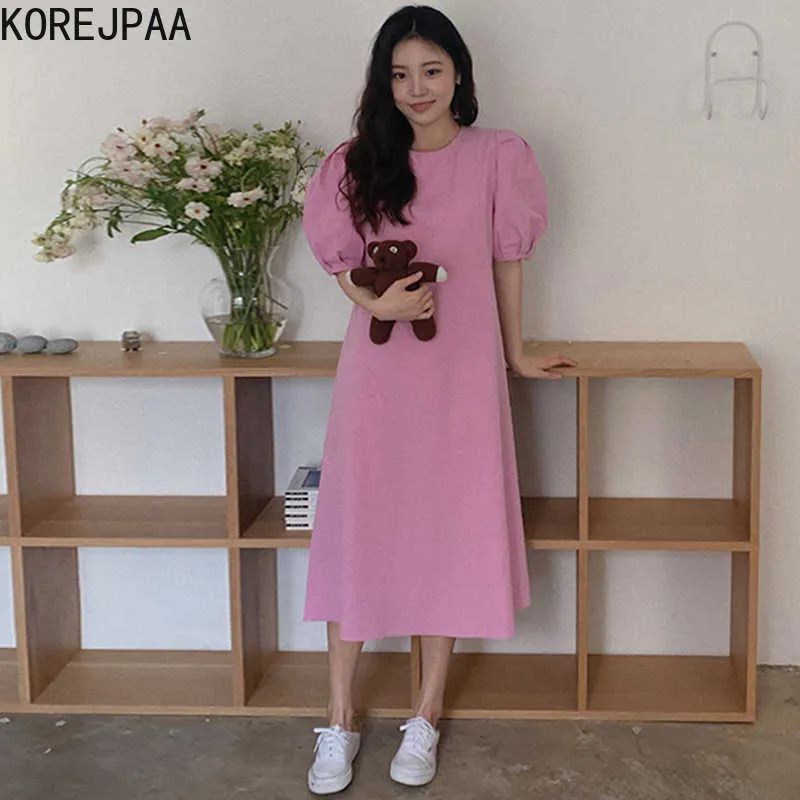 Korejpaaの女性のドレス夏の韓国のシックな女の子甘い年齢軽減された穏やかなラウンドネック緩いカジュアルプリーツパフスリーブvestidos 210526