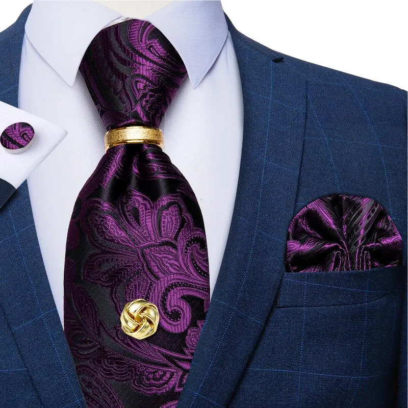 Nœuds papillons de luxe pour hommes, en soie violette, Paisley, 8cm, accessoires de mariage, ensemble de cravates pour hommes, boutons de manchette carrés de poche, cadeau DiBanGu