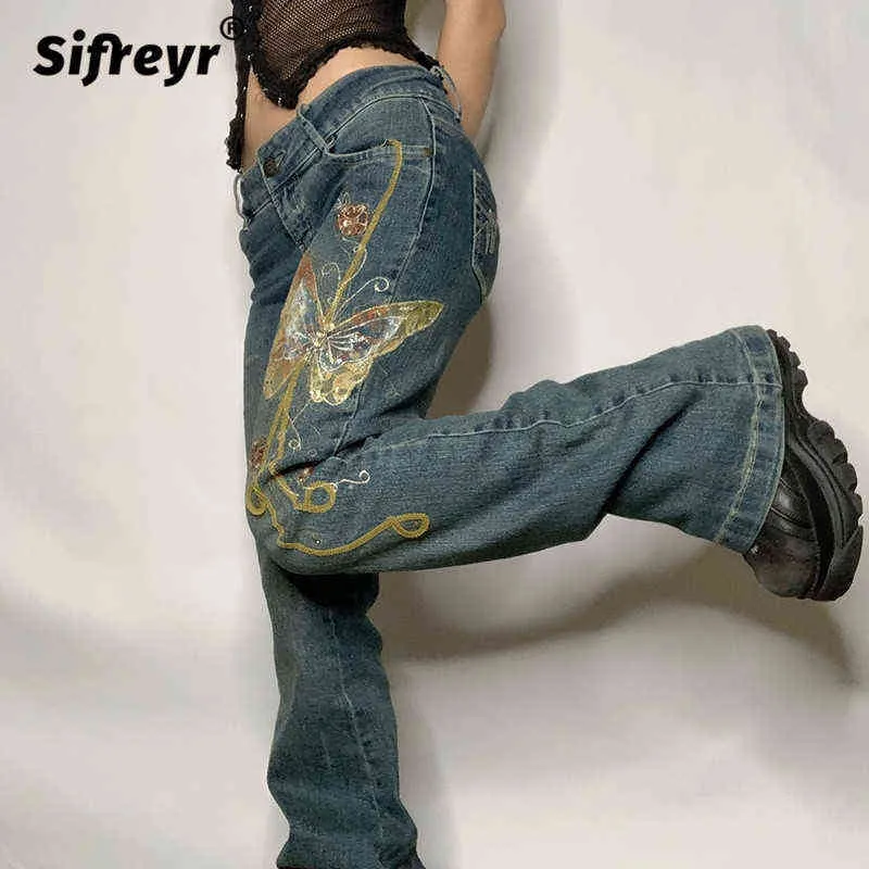 Sifreyr Butterfly Print Baggy Jeans Mulheres outono de canto baixa jeans de jeans harajuku streetwear