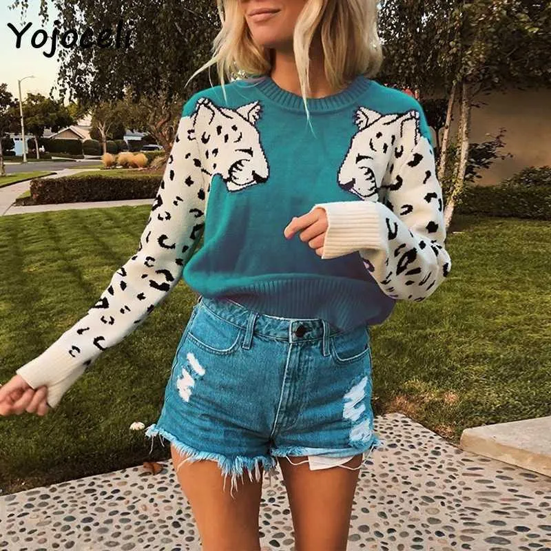 Yojoceli kvinnor snö leopard patchwork sweater mode stickad jumper pullover casual crewneck stickar 210609