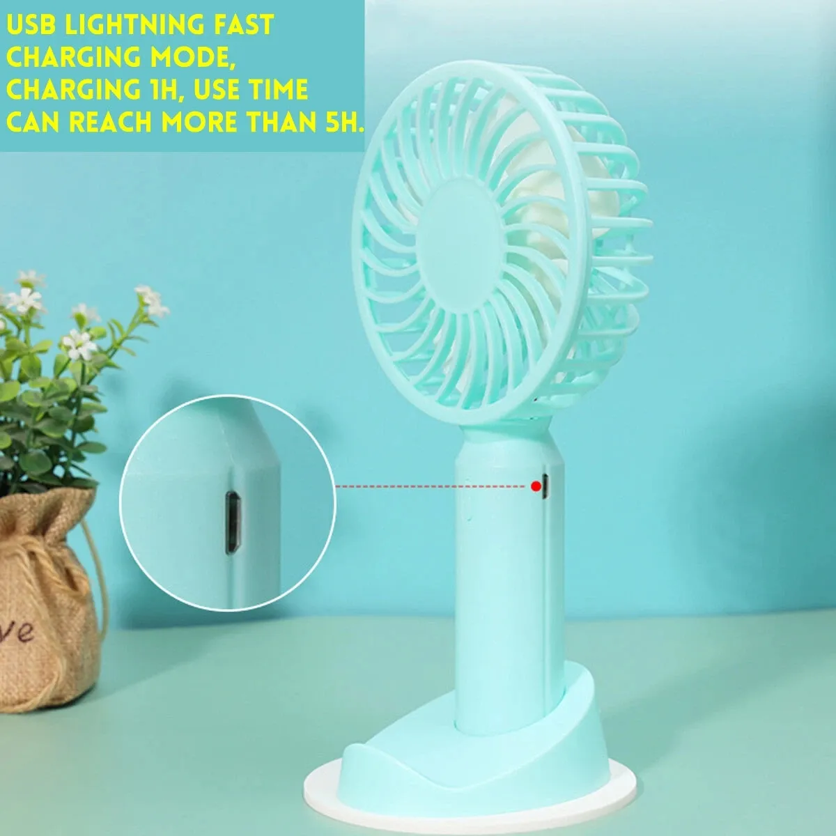 Bakey Mini Mini Charging Fan Portable Silent Silent 35DB Troisième GEA Vitesse du vent Micro USB Charging avec base