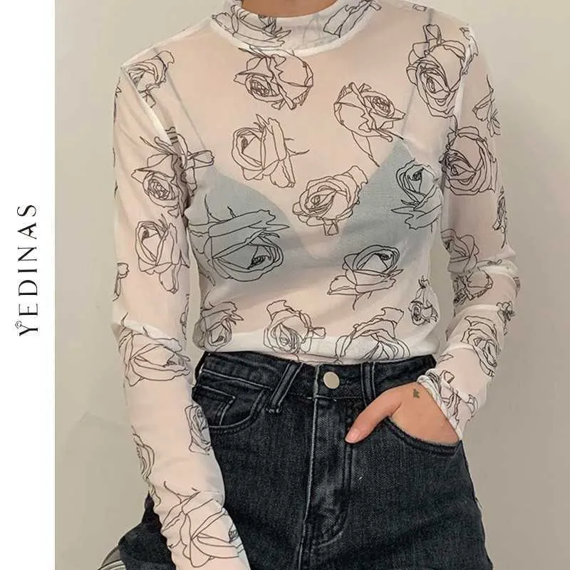 Yedinas Vintage Flower Print Mesh Tshirts Kvinnor Genomskinlig Turtleneck Långärmad T-shirt Sexig See Through Designer Tops Korean 210527